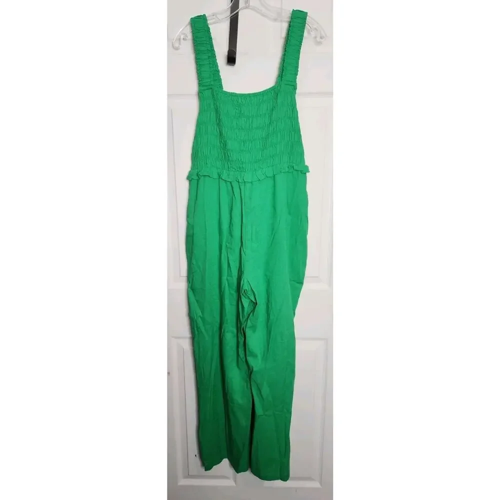 Anthropologie If By Sea Size L Jumpsuit Wide Leg Coastal Kelly Green Smocked NWT